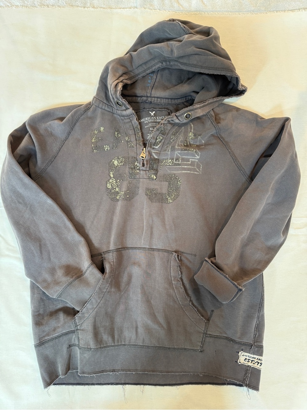 Y2K American Eagle Outfitters Quarter Zip Hoodie Distressed Charcoal Gray XL